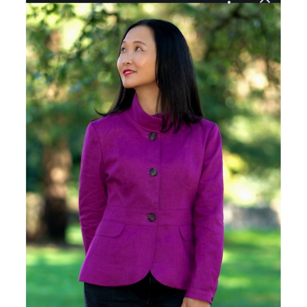 Appleseeds Magenta Purple Herringbone Blazer Jacket Stand Collar Size 16